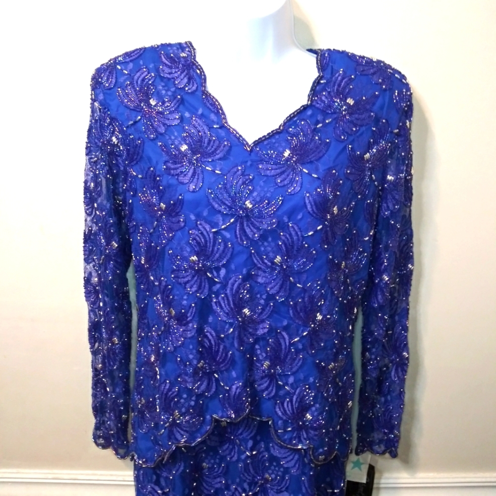 Vintage 1980's Robert Anthony Royal Blue & Purple Beaded Cocktail Dres - Picture 2 of 14